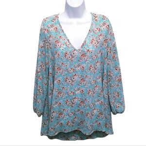 NYMPHE Floral Boho Flowy V-Neck  Long Sleeve Mini Dress Light Blue Small